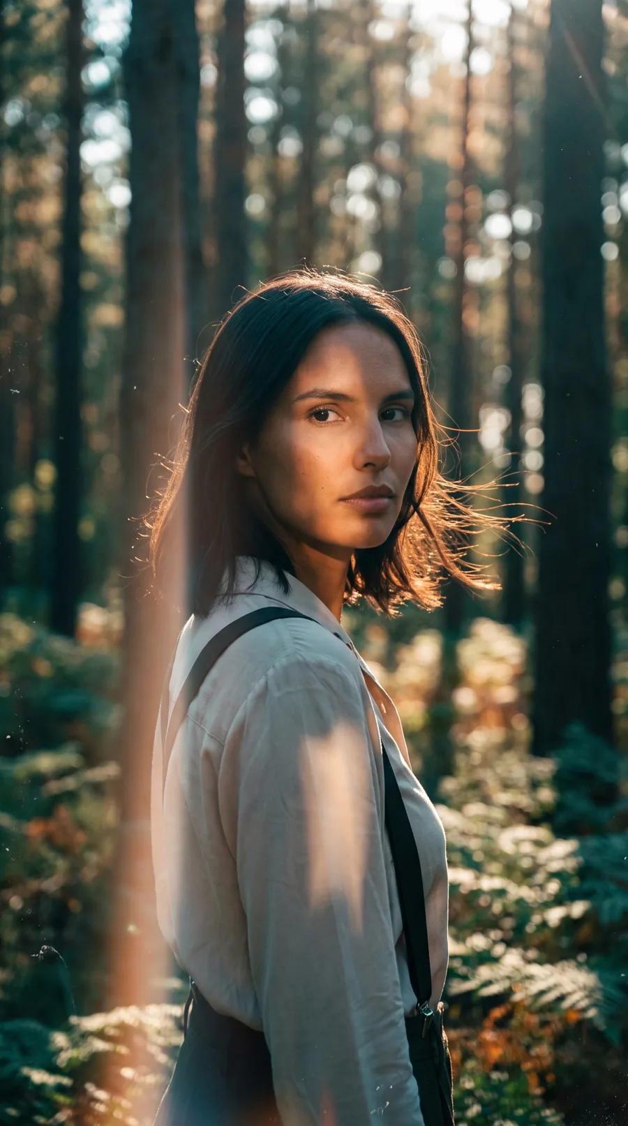 Personagem sintética em editorial de moda numa floresta, imagem gerada com IA
